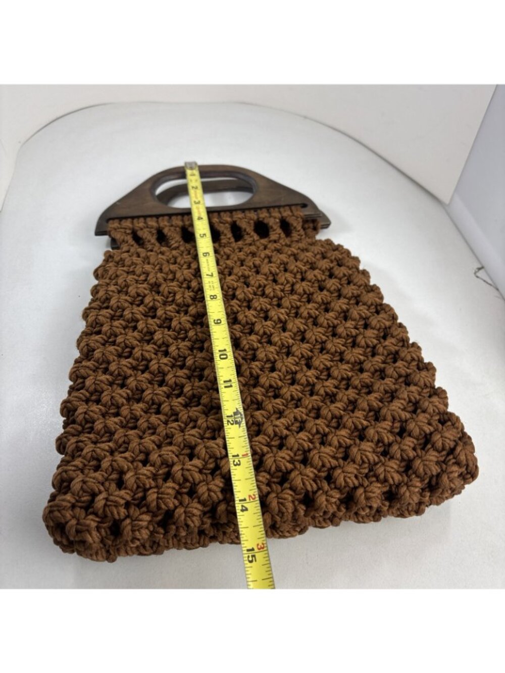 Vintage Crochet Handbag Brown Textured Purse Wooden Handles 9.5 X 14 Boho Retro - Picture 5 of 8
